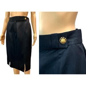 80's Louis Féraud Structured Black Pencil Skirt w Gold Sun Face Button | 28"